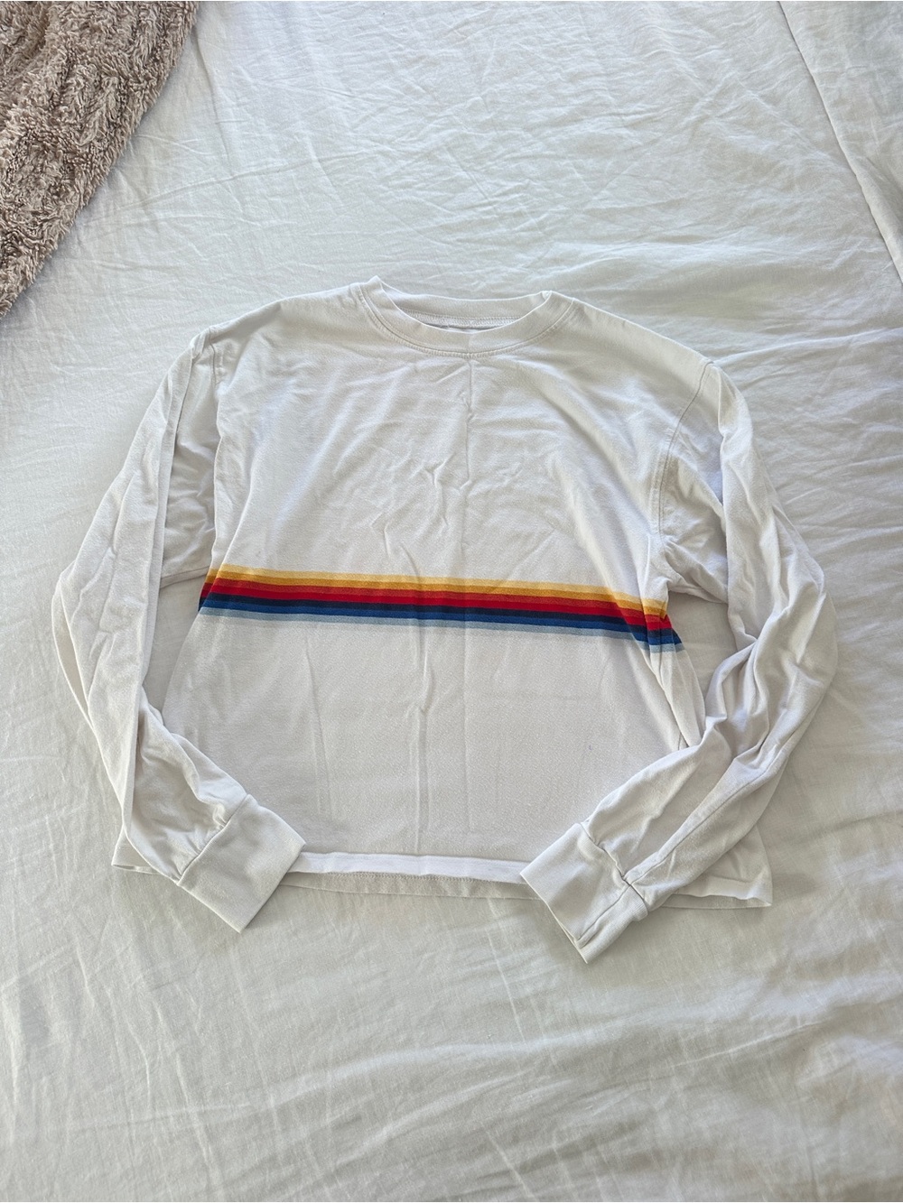 Brandy Melville White Long-Sleeve Tee with Rainbow Chest Stripe